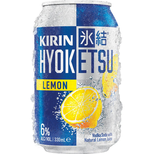 Can of Kirin Hyoketsu Lemon Vodka Soda with lemon slices on a blue background