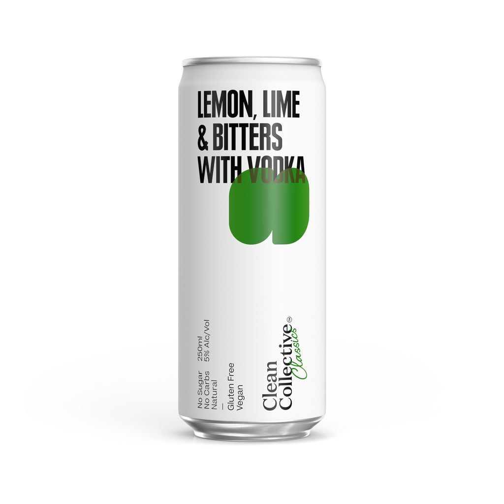 Can of lemon, lime, and bitters with vodka on a white background