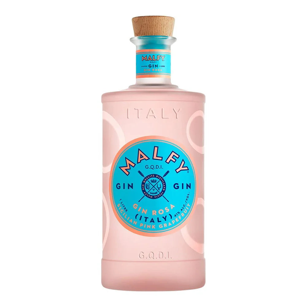 Pink bottle of Malfy Gin Rosa Italy on a white background