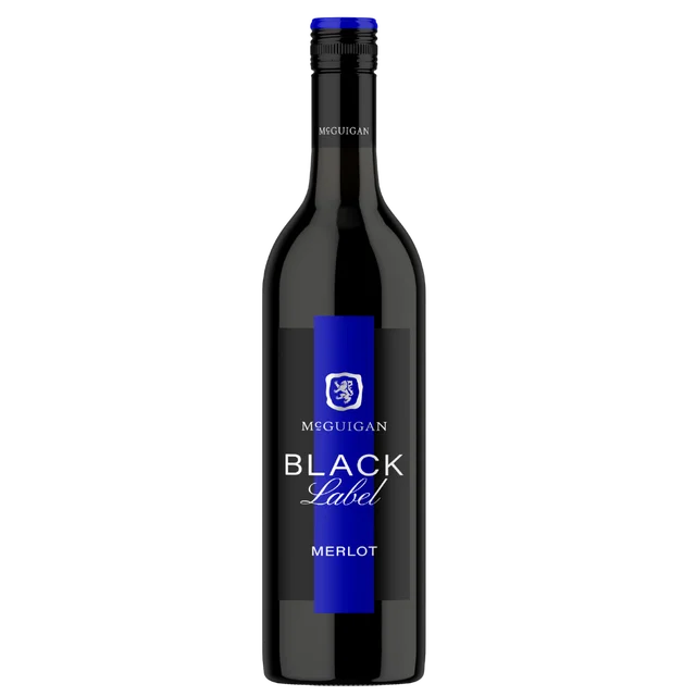 A bottle of MSGuigaran Black Label Merlot red wine on a plain white background.