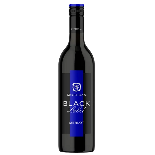 A bottle of MSGuigaran Black Label Merlot red wine on a plain white background.