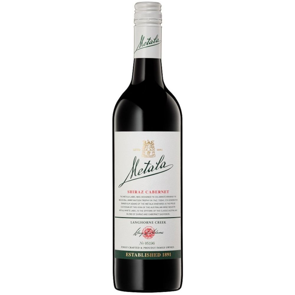 A bottle of Metafa Shiraz Cabernet red wine, featuring a dark glass bottle with a white label and a white screw cap, set against a plain white background.
