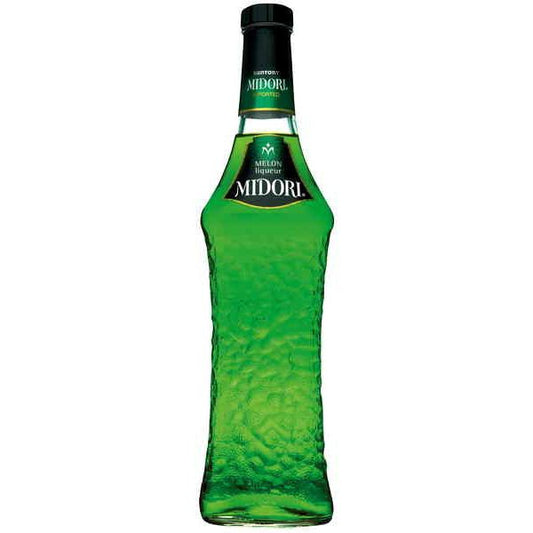 Green bottle of Midori melon liqueur on a white background