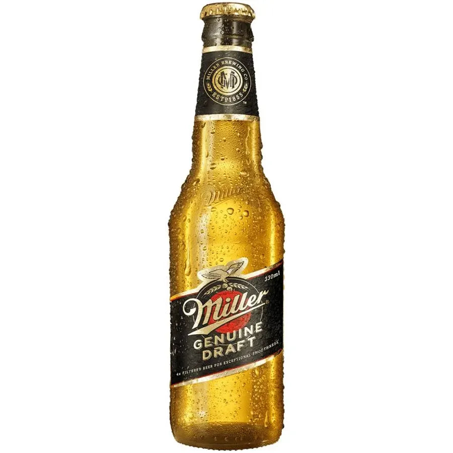 Miller Genuine Draft beer bottle with a gold label on a dark background