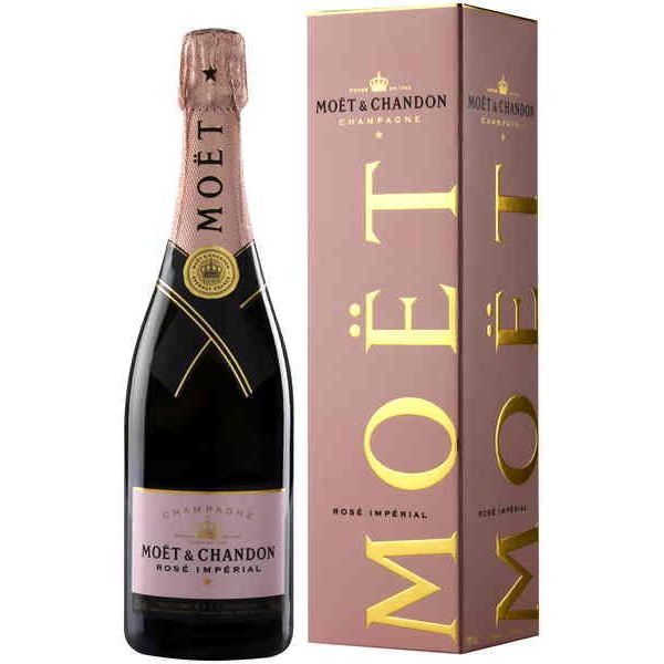 Moét & Chandon Rosé Imperial champagne bottle and packaging on a white background
