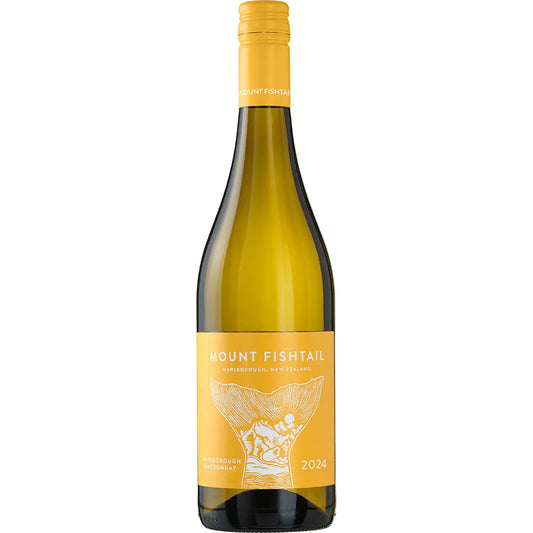 Wine bottle with yellow label featuring 'Mount Fishtail' branding.