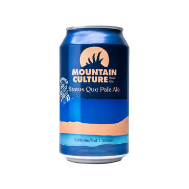 Blue can of Mountain Culture Beer Co. Status Quo Pale Ale on a gray background