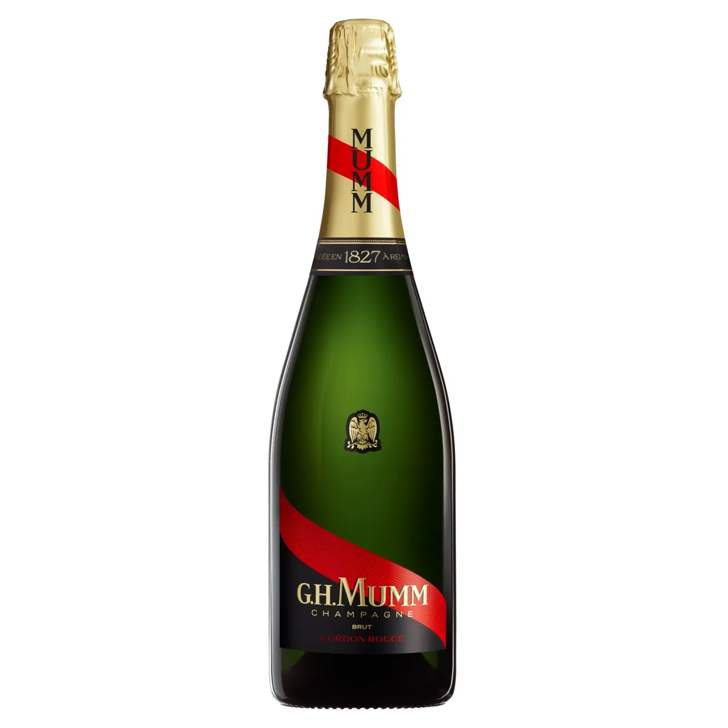 G.H. Mumm champagne bottle on a white background