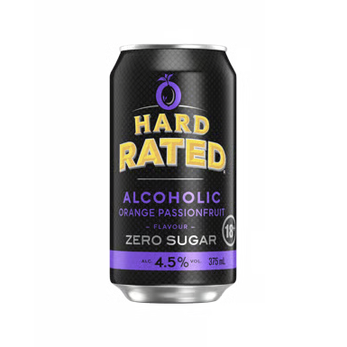 A 375ml can of Hard Rated Alcoholic Orange Passionfruit Zero Sugar drink, featuring a black label with purple and yellow text and graphics, on a solid white background.