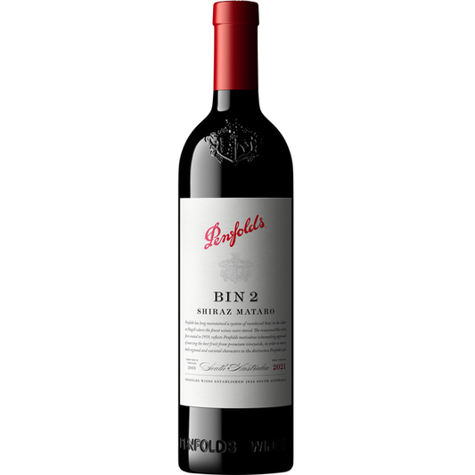 A bottle of Penfolds Bin 2 Shiraz Mataro showcased against a minimal backdrop. This red wine, featuring a blend of Shiraz and Mataro, is an exemplary choice for enthusiasts. The image captures the essence of quality wine, highlighting the iconic Penfolds branding. Perfect for collectors, this six-bottle presentation emphasizes the rich flavors of the wine.