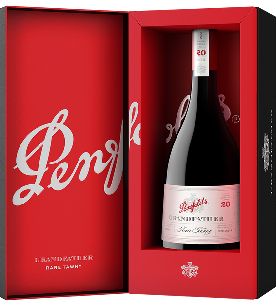 A bottle of Penfold's Grandfather Rare Tawny Port Wine presented inside an open red gift box with a red interior and black outer sides. The bottle label is white and pink, and the box features the Penfold's branding in white script.