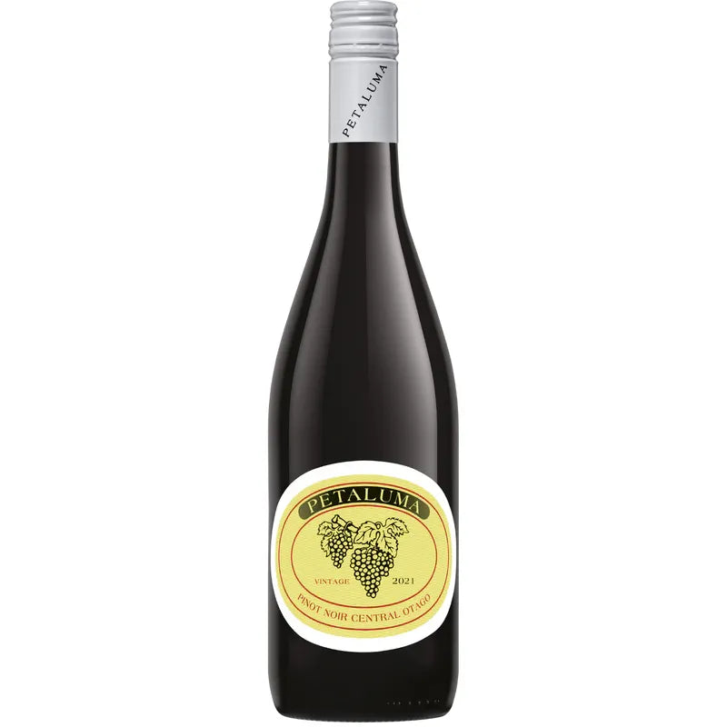 Wine bottle with a yellow label featuring grapes on a white background