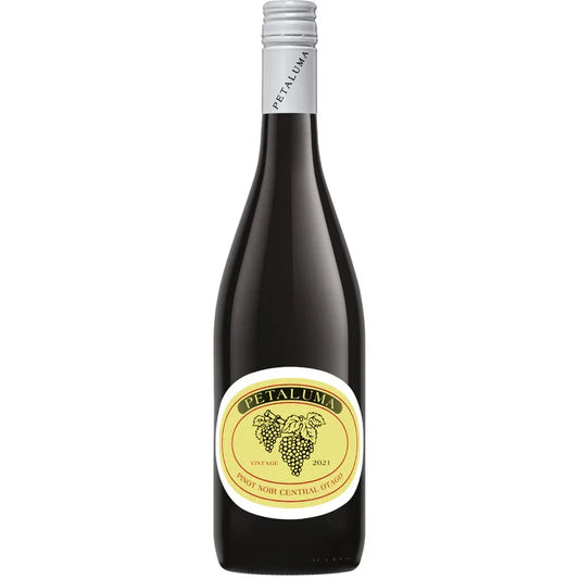 Wine bottle with a yellow label featuring grapes on a white background