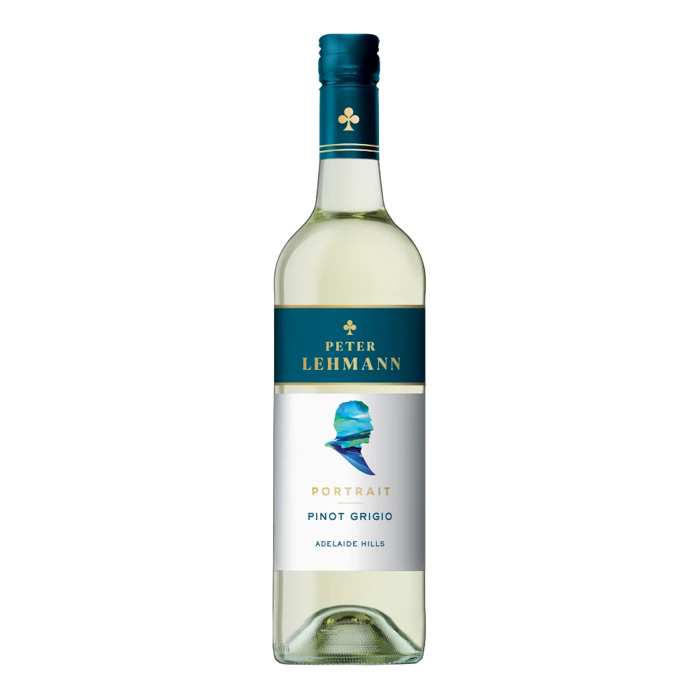 A bottle of Peter Lehmann Portrait Pinot Grigio Adelaide Hills white wine, featuring a dark teal and white label with a blue and white portrait graphic, on a solid white background.