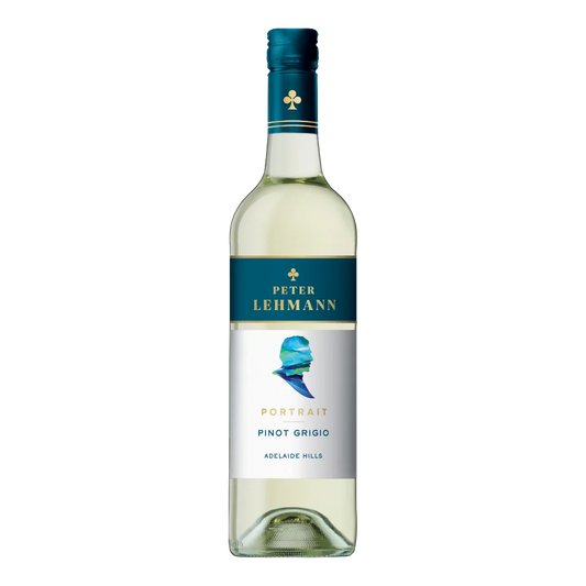 A bottle of Peter Lehmann Portrait Pinot Grigio Adelaide Hills white wine, featuring a dark teal and white label with a blue and white portrait graphic, on a solid white background.