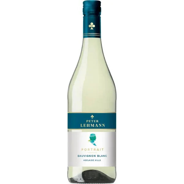 A bottle of Peter Lehmann Portrait Sauvignon Blanc from the Adelaide Hills region, featuring a white glass bottle with a teal blue neck capsule and a matching teal and white label.
