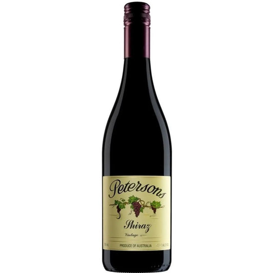 A bottle of Petersons Shiraz Vintage red wine, featuring a dark glass bottle with a cream-colored label and a dark purple foil capsule at the neck, isolated on a white background.