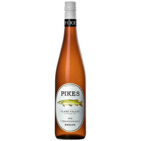 Bottle of Pikes Clare Valley Riesling wine on a white background