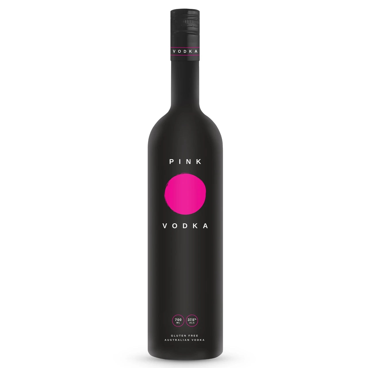 Black bottle of Pink Vodka with a pink circle on a white background