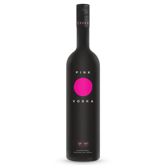 Black bottle of Pink Vodka with a pink circle on a white background