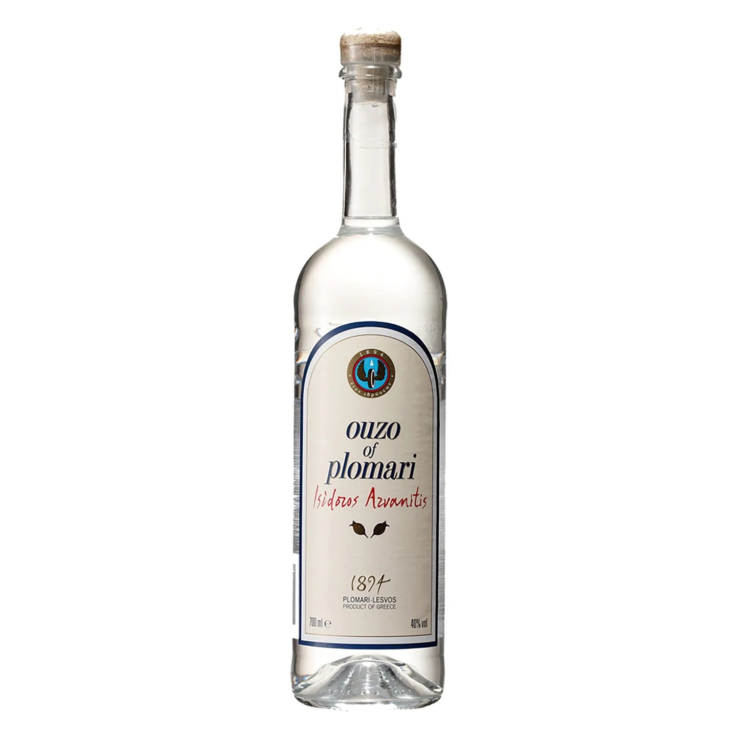 Bottle of Ouzo of Plomari on a white background