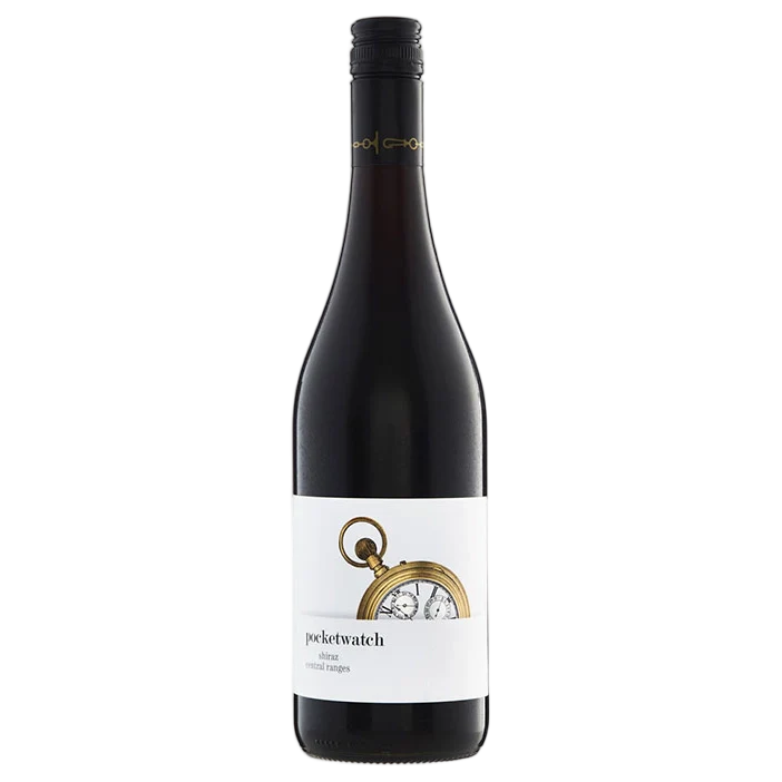 Wine bottle with a label featuring a pocket watch design on a white background