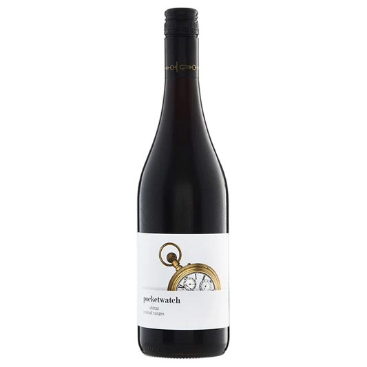 Wine bottle with a label featuring a pocket watch design on a white background