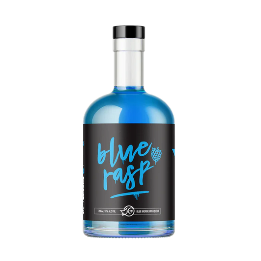 Blue bottle with a black label featuring 'blue rasp' text on a white background