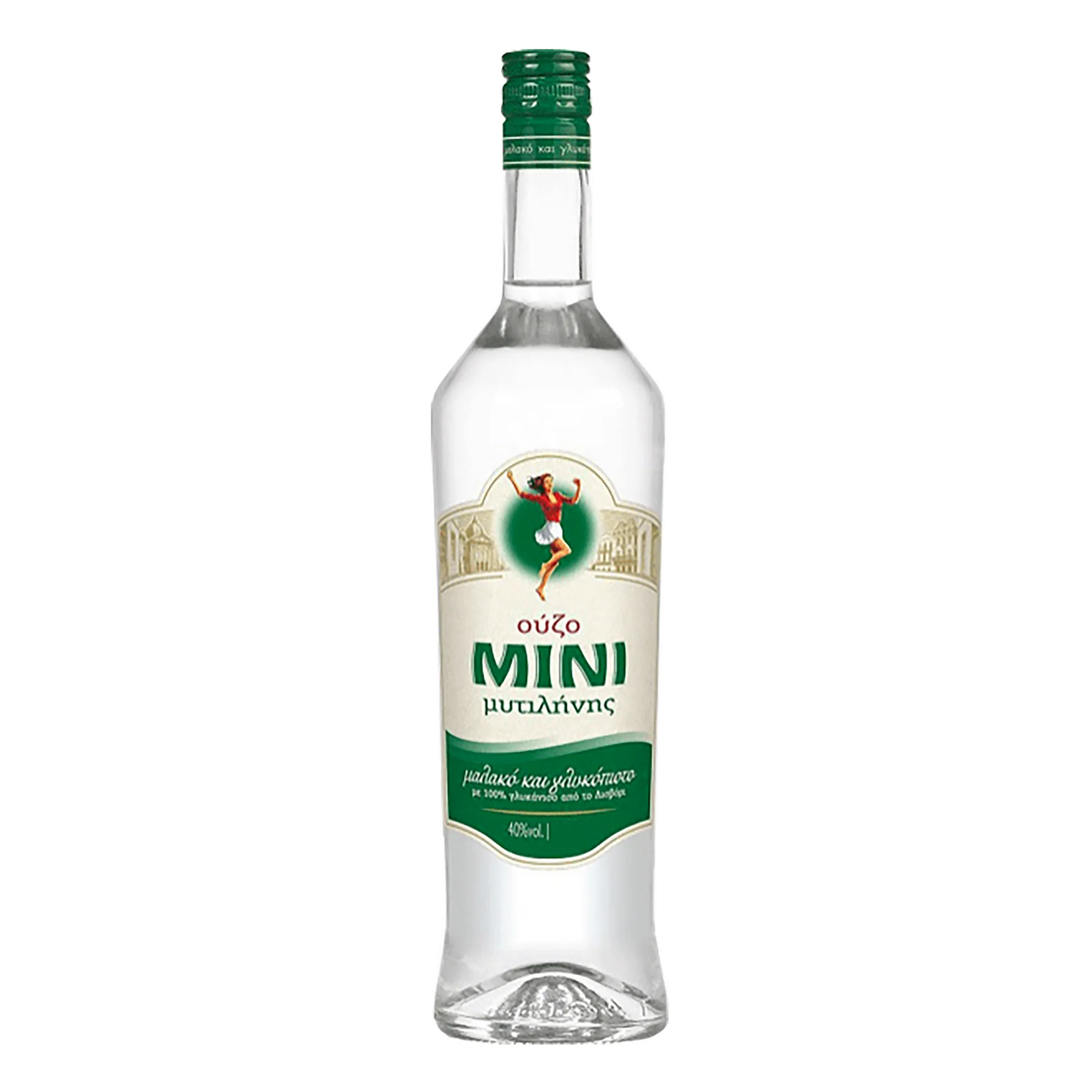 Bottle of Mini with green cap and label on a white background
