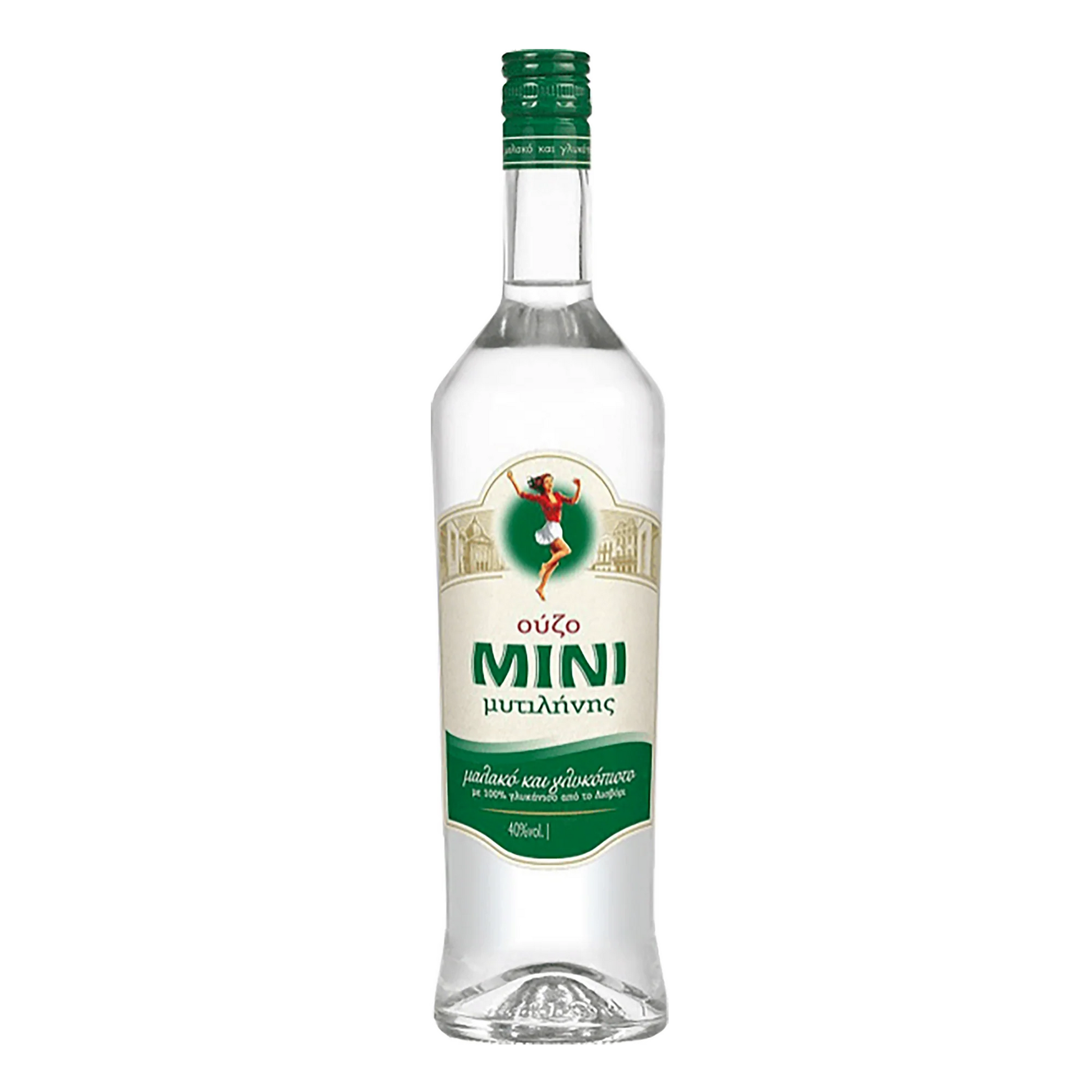 Bottle of Mini with green cap and label on a white background