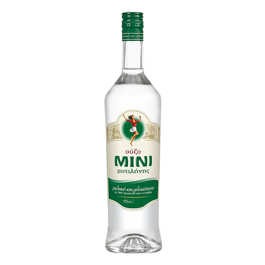 Bottle of Mini with green cap and label on a white background