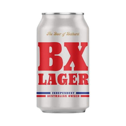 BX Lager can with red and blue text on a white background