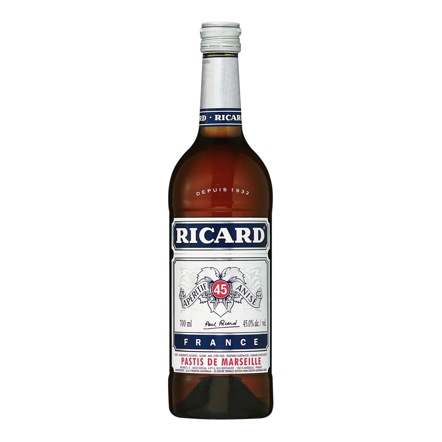Bottle of Ricard pastis on a white background