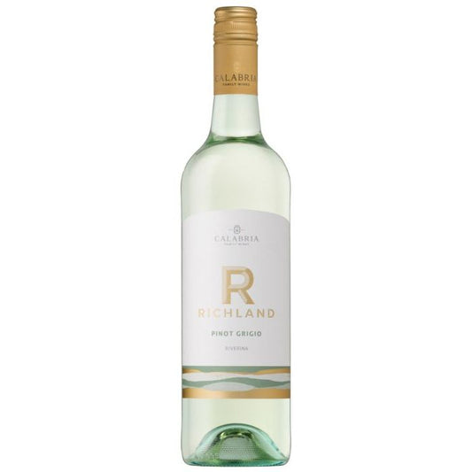 Richland Pinot Grigio wine bottle with gold foil cap on a white background