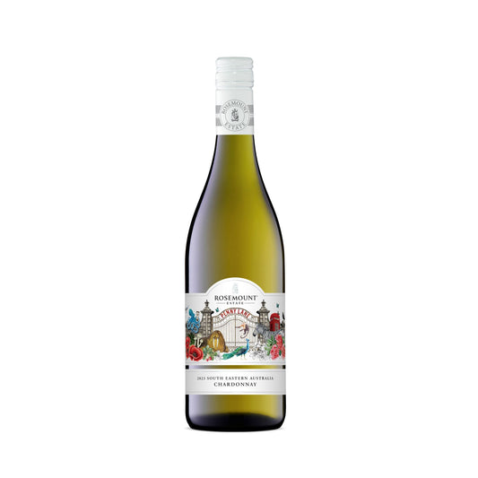 Bottle of Rosémount Chardonnay wine on a white background