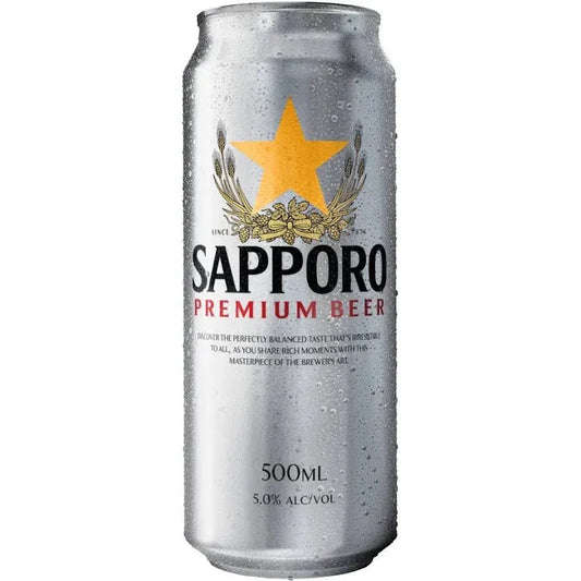 Sapporo Premium Beer can with a yellow star on a silver background