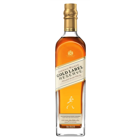 A sleek bottle of Johnnie Walker Gold Reserve whisky, showcasing its elegant design and amber color, perfect for gifting or personal enjoyment.