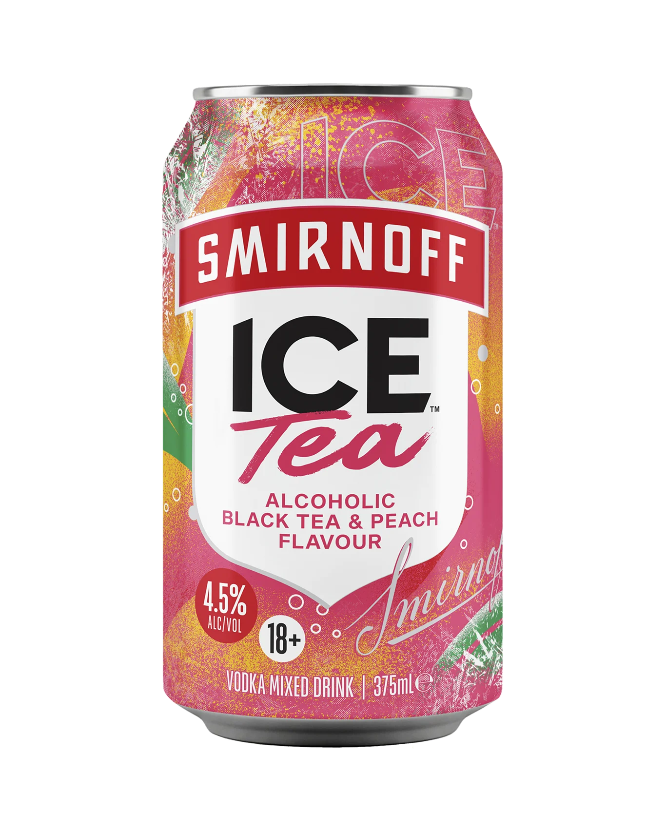 A single can of Smirnoff Ice Tea alcoholic black tea and peach flavour mixed drink, shown on a plain white background.