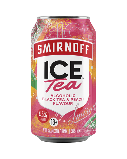 A single can of Smirnoff Ice Tea alcoholic black tea and peach flavour mixed drink, shown on a plain white background.