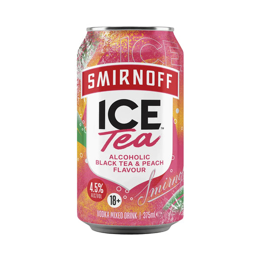 A single can of Smirnoff Ice Tea alcoholic black tea and peach flavour mixed drink, shown on a plain white background.