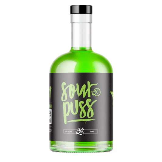 Green bottle with a black label featuring the text 'Sour Puss' on a white background