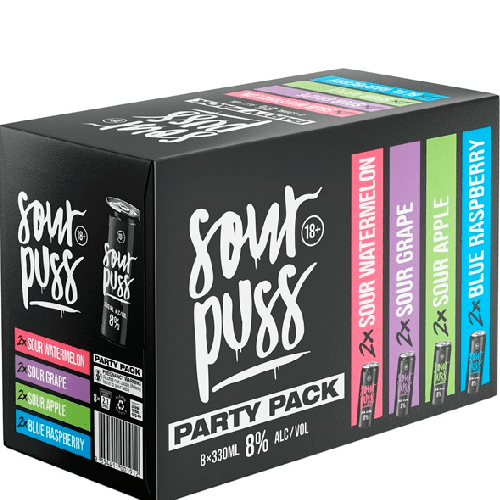 Sour Puss Party Pack with various flavors on a black box