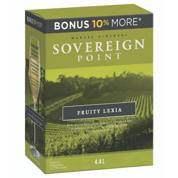 Wine box labeled 'Sovereign Point' with vineyard image on a white background