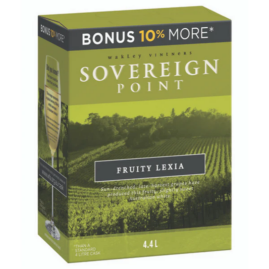 Wine box labeled 'Sovereign Point' with vineyard image on a white background