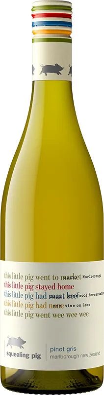Yellow wine bottle with colorful label on a white background