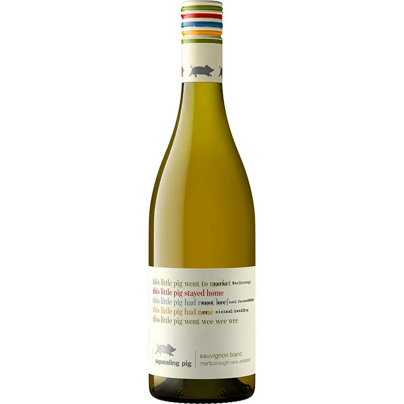 Bottle of Sauvignon Blanc wine with a colorful label featuring text and graphics.