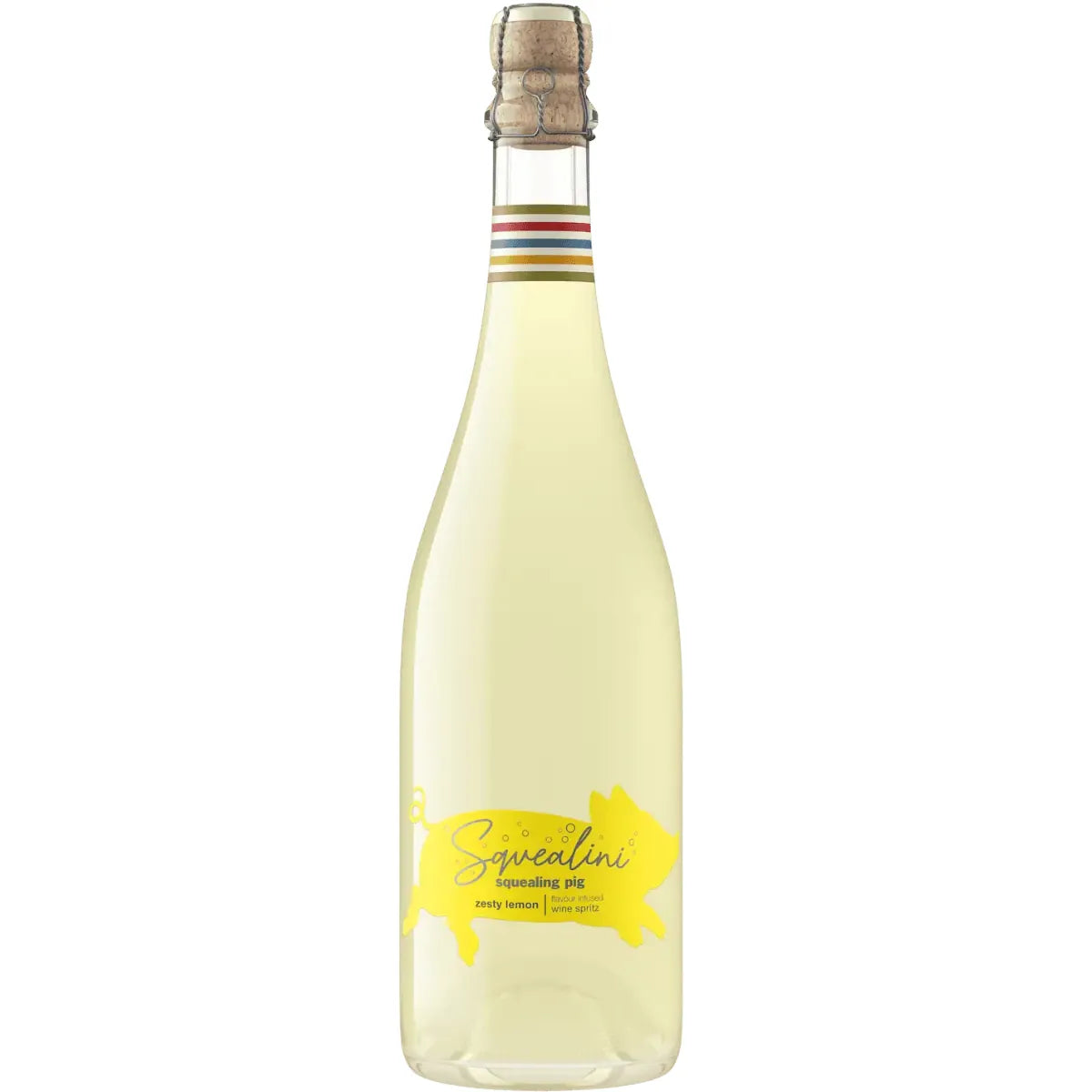 Bottle of white wine with a yellow label on a white background