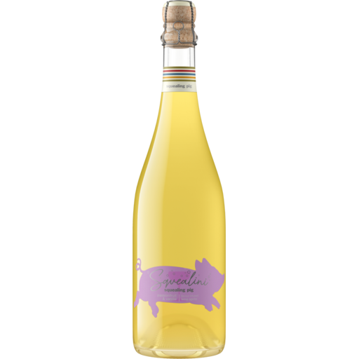 Bottle of white wine with a purple label on a white background
