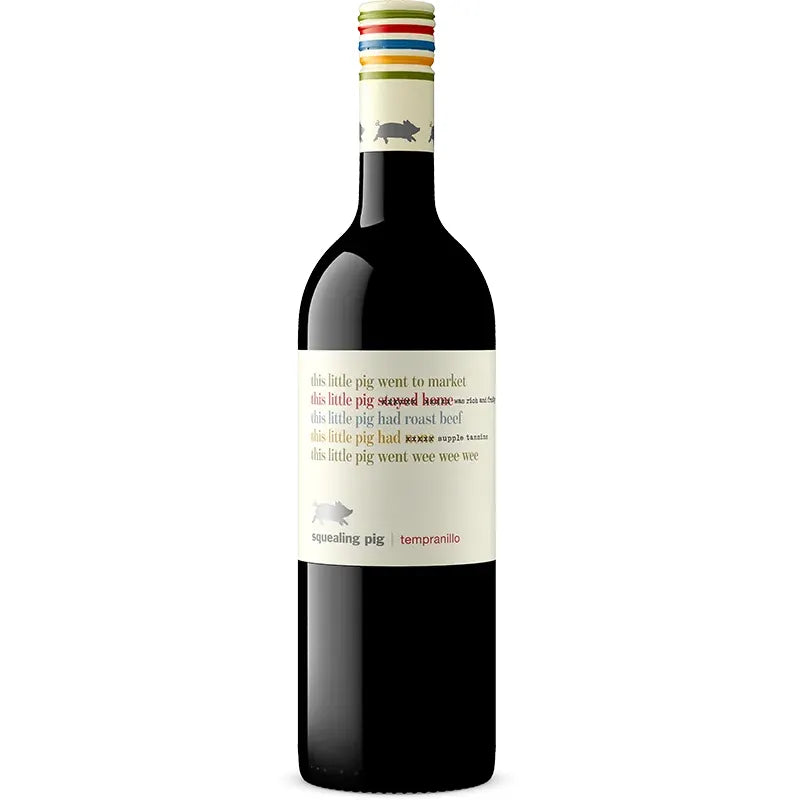 Wine bottle with a humorous label featuring a pig and text on a white background