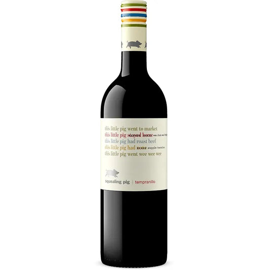 Wine bottle with a humorous label featuring a pig and text on a white background